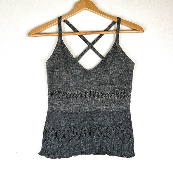 easel Tops - Easel Crochet Beaded Metallic Sweater Tank Criss Cross Back
